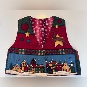 Women’s Festive Holiday Village Vest. ‘‘Tis the Season cut and sew panel vest.